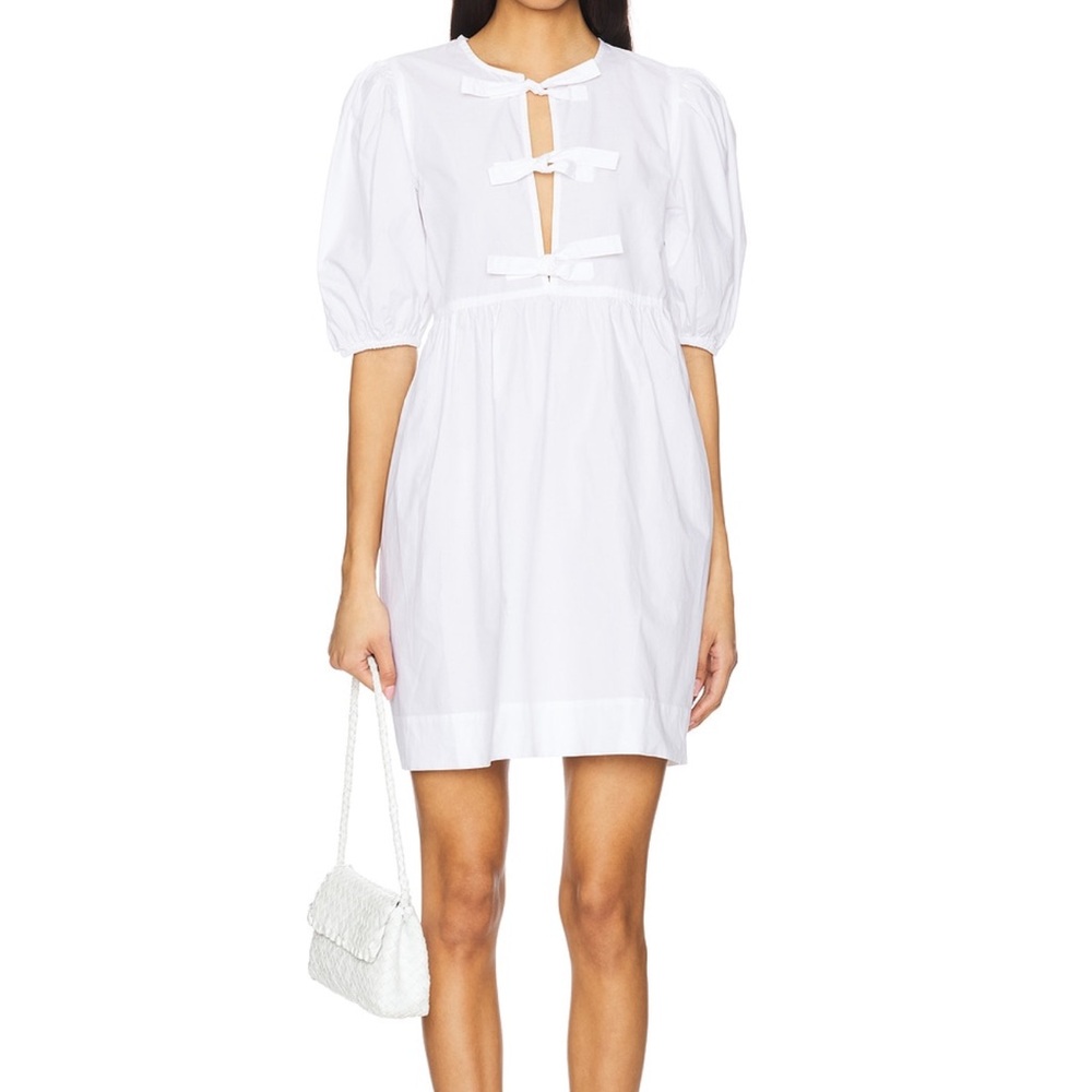 GANNI poplin tie string mini dress in bright white